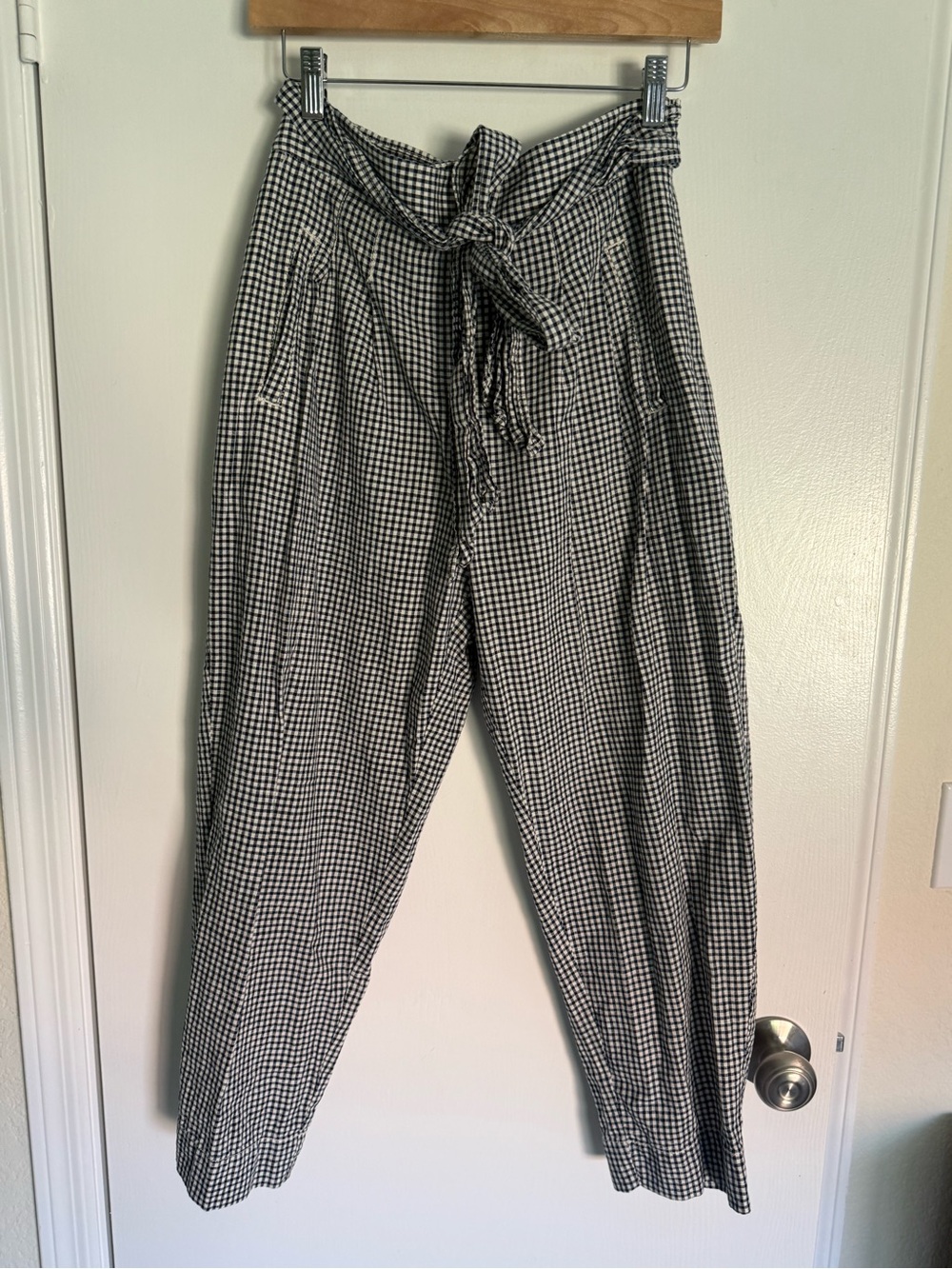 Anthropologie High-Waist Gingham Paperbag Pants - navy & White